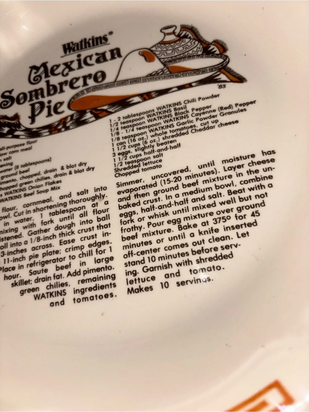 Watkins Mexican Sombrero Pie Dish - Cream with Orange Trim